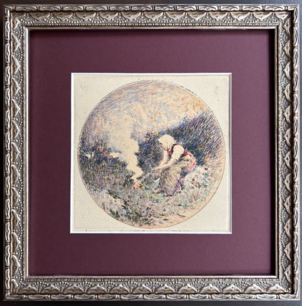 Eugène CHARVOT (1847-1924)<br /><em>Paysanne brûlant des herbes, au crépuscule </em>